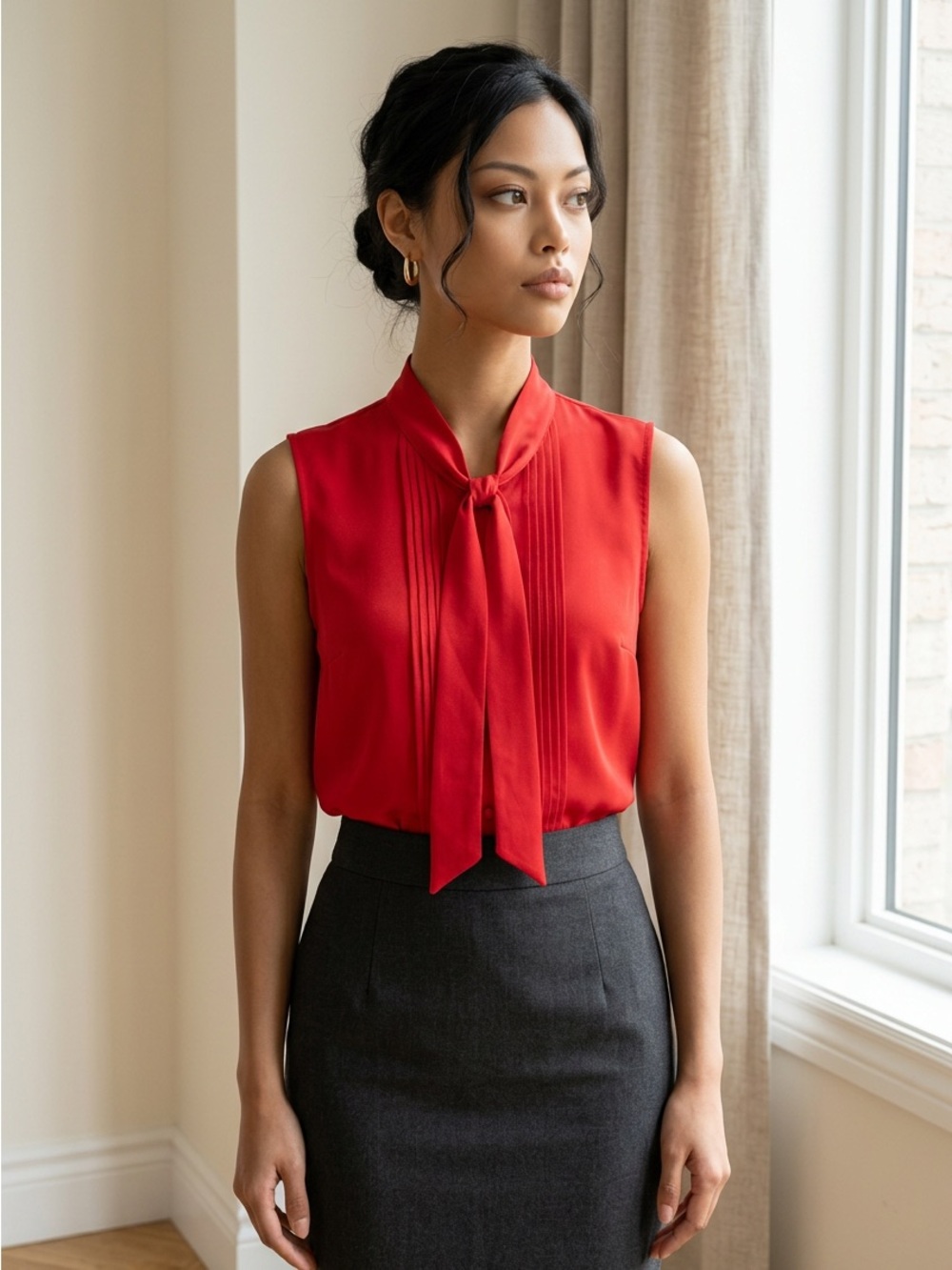 Pure Alfred Sung Red Sleeveless Blouse Tie Neck Pintuck Top Blouse Dressy-XL